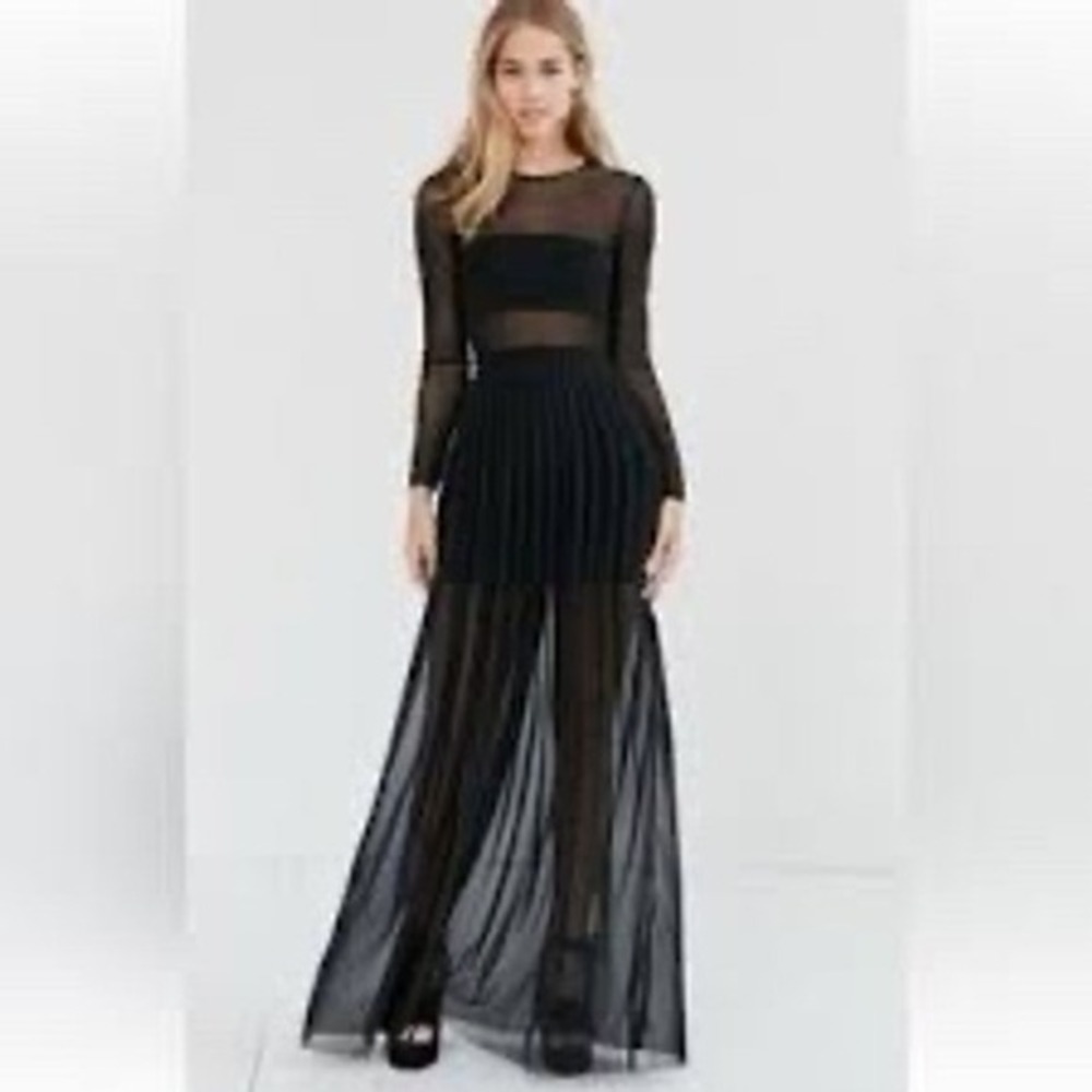 Ecote Urban Outfitters Black Mesh Long Sleeve Pleated Maxi Dress Small Goth Edgy